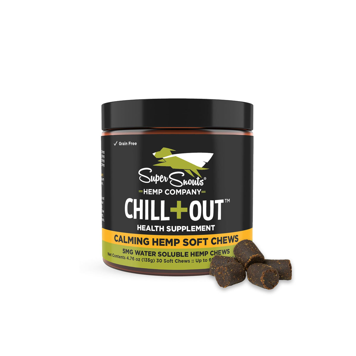 Super Snouts Chill Out soft chews bottle supports calm moments during daily routines.