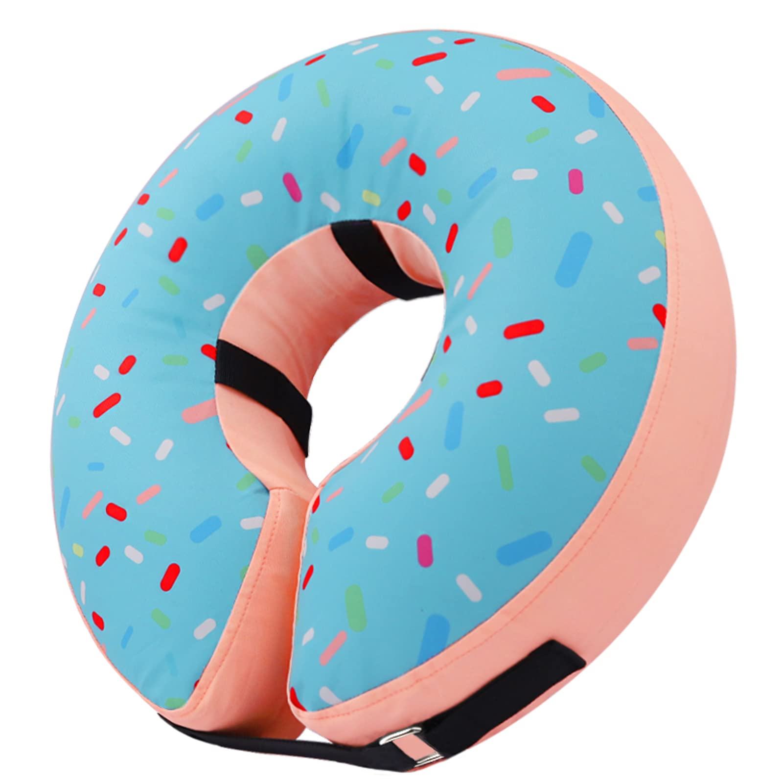Supet adjustable-donut-cone-straps shows secure fit with Velcro closure.