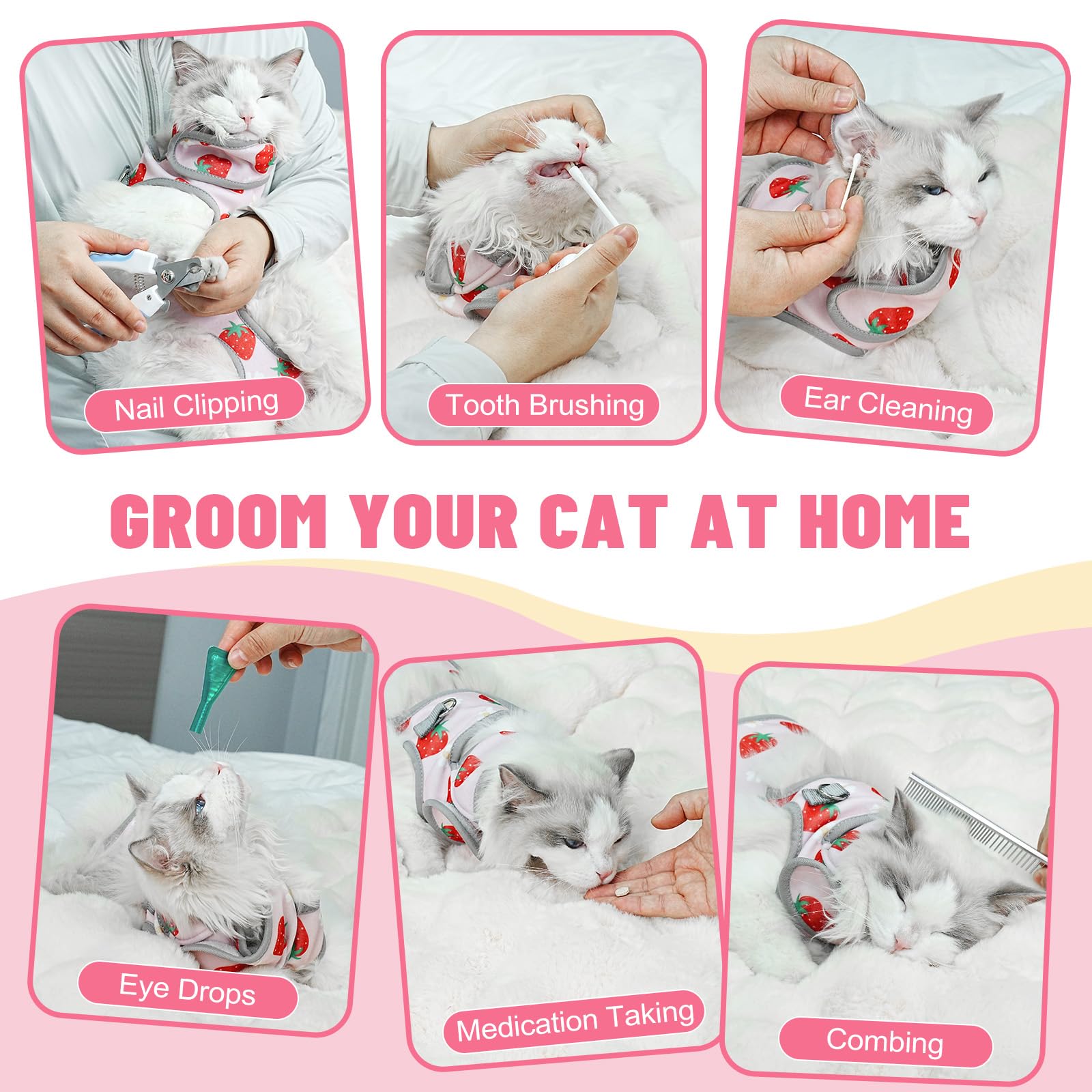 Supet cat grooming hammock plush-edges-fit provides comfortable restraint for longer sessions.