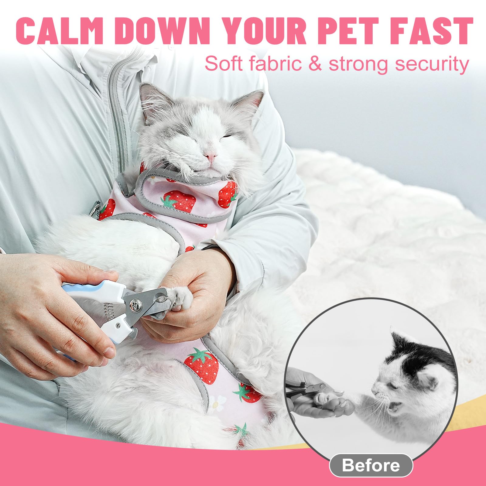 Supet cat grooming hammock self-adhesive wrap demonstrates secure hands-free grooming.