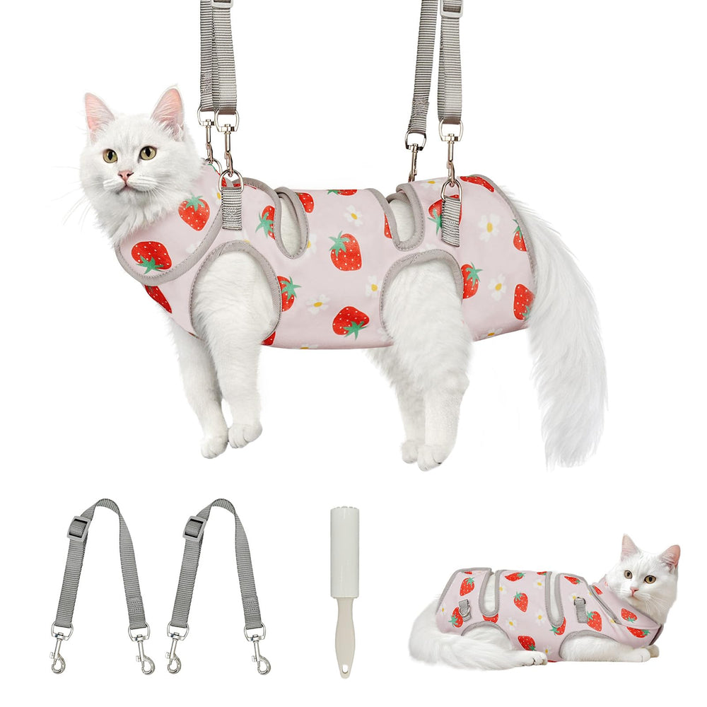 Supet cat grooming hammock nail-trim view with calming fabric support.