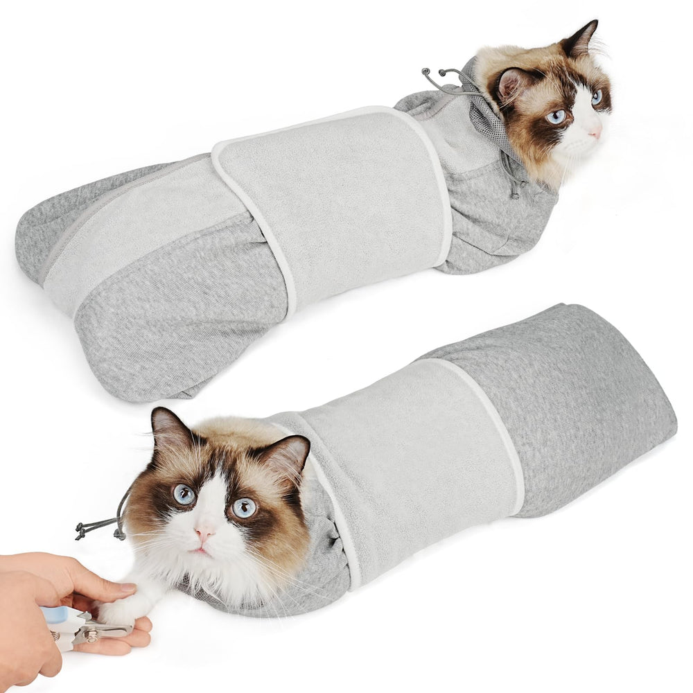Supet Cat Grooming Wrap hood closed shows bite-proof mesh for calm nail trimming