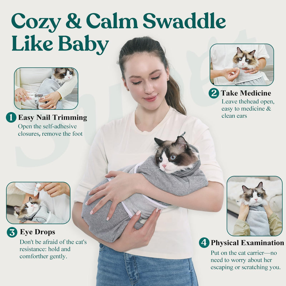 Supet Cat Grooming Wrap shows a secure waist strap for gentle, steady care.