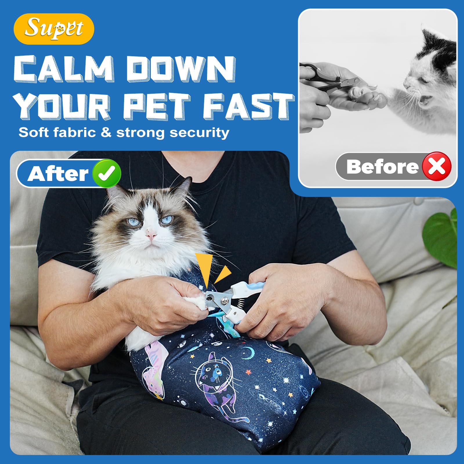 Supet groom wrap shows soft plush material for cat comfort during grooming