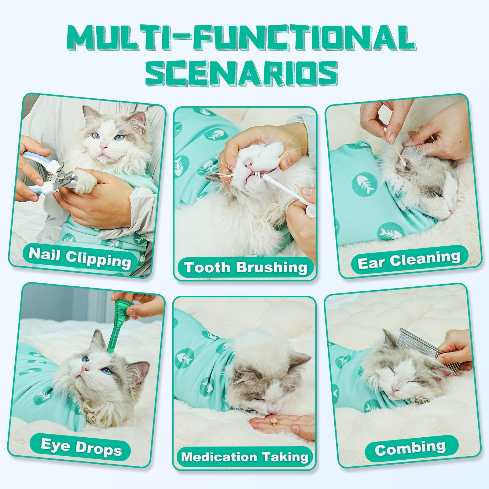 Supet cat wrap comfort-fit image: soft material hugs your cat for calmer grooming.