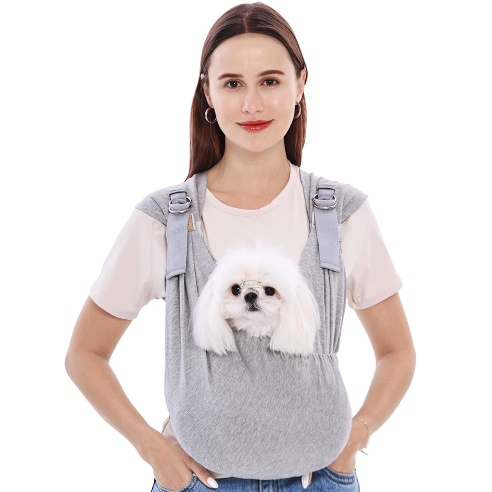 Supet dog carrier sling shows sturdy shoulder straps for comfortable, balanced carrying.