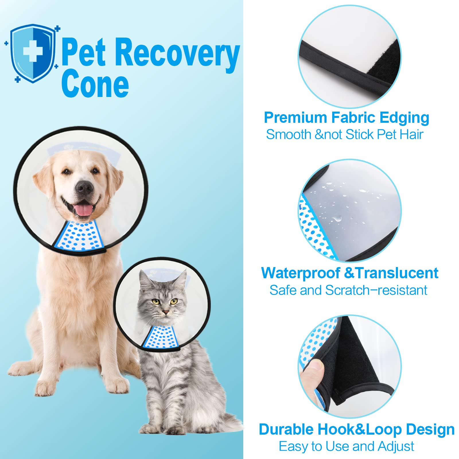 Supet dog cone collar with hook-and-loop closure for quick secure fit.