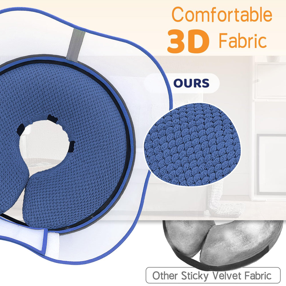 Supet dog cone recovery comfort shows snug fit without obstructing vision.