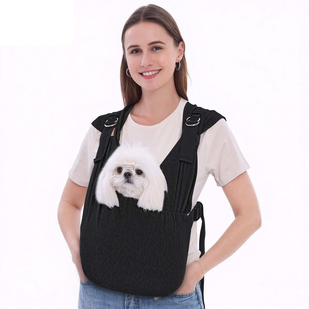 Supet dog front carrier black dual-strap design eases shoulder strain during walks.