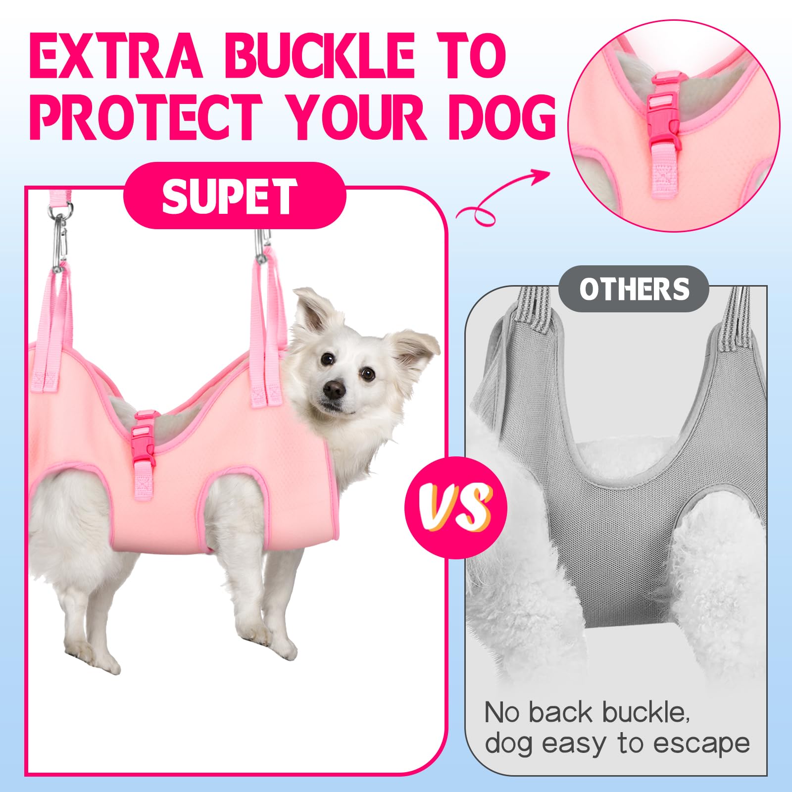Supet dog grooming hammock breathable material keeps pets cool.