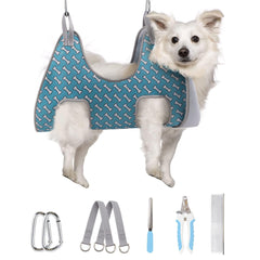 Supet dog grooming hammock coral blue front view for easy at-home nail trimming.
