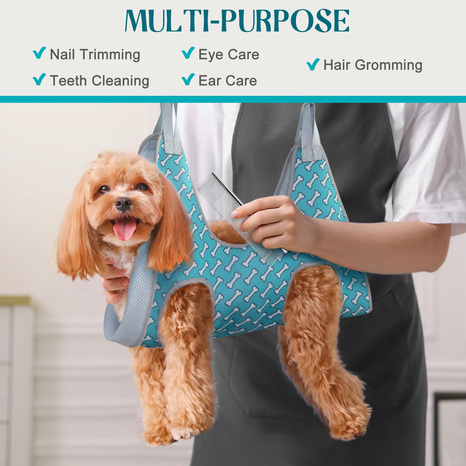 Supet grooming hammock coral blue S in use keeps pets calm during grooming.