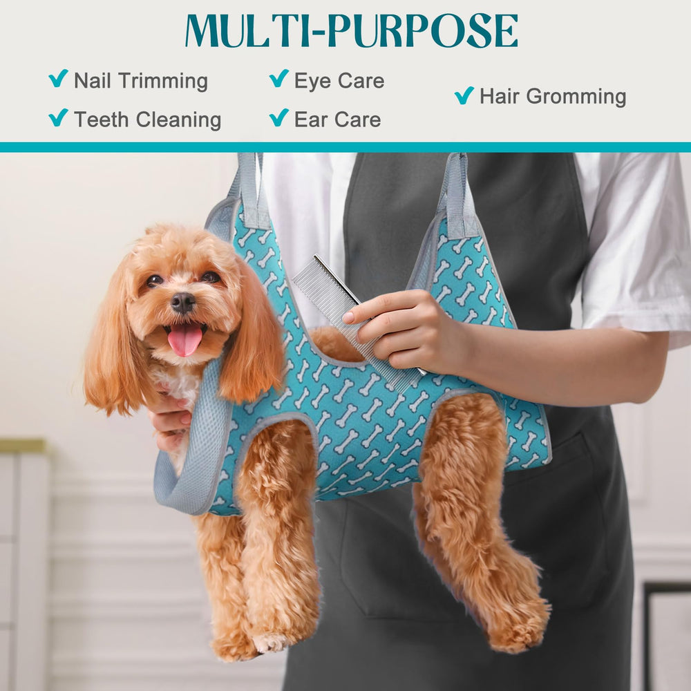 Supet grooming hammock coral blue S in use keeps pets calm during grooming.