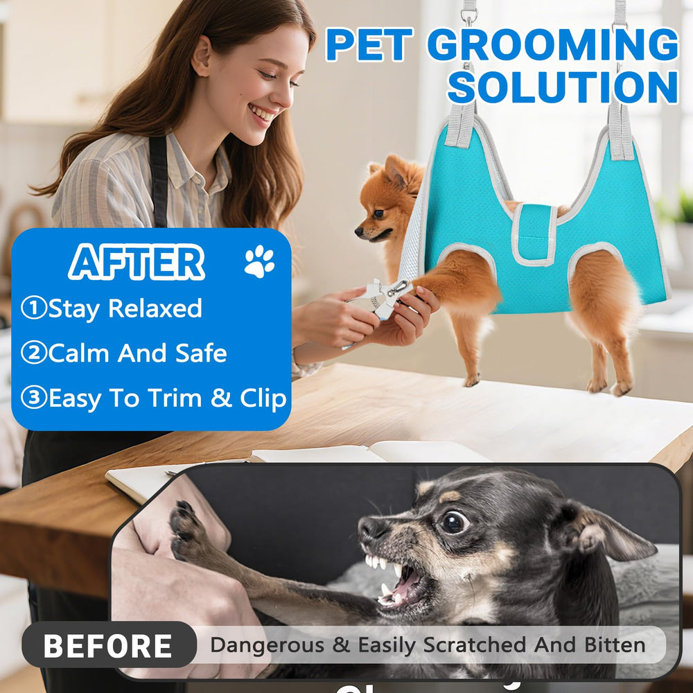 Supet dog grooming hammock in use during home nail trimming for calm handling.
