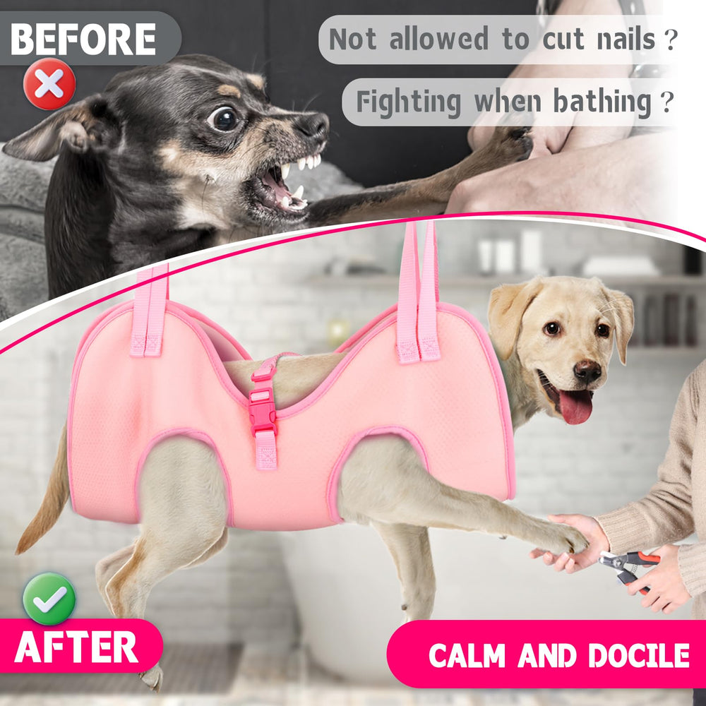 Supet dog grooming hammock leg holes securely position paws.