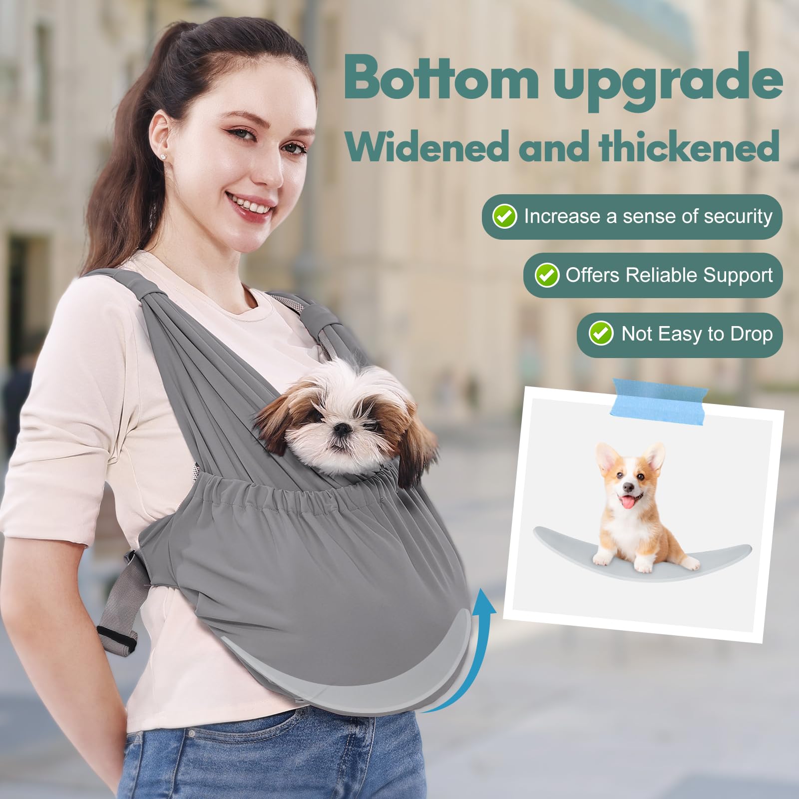 Supet dog sling carrier adjustable shoulder straps distribute weight to reduce neck strain.