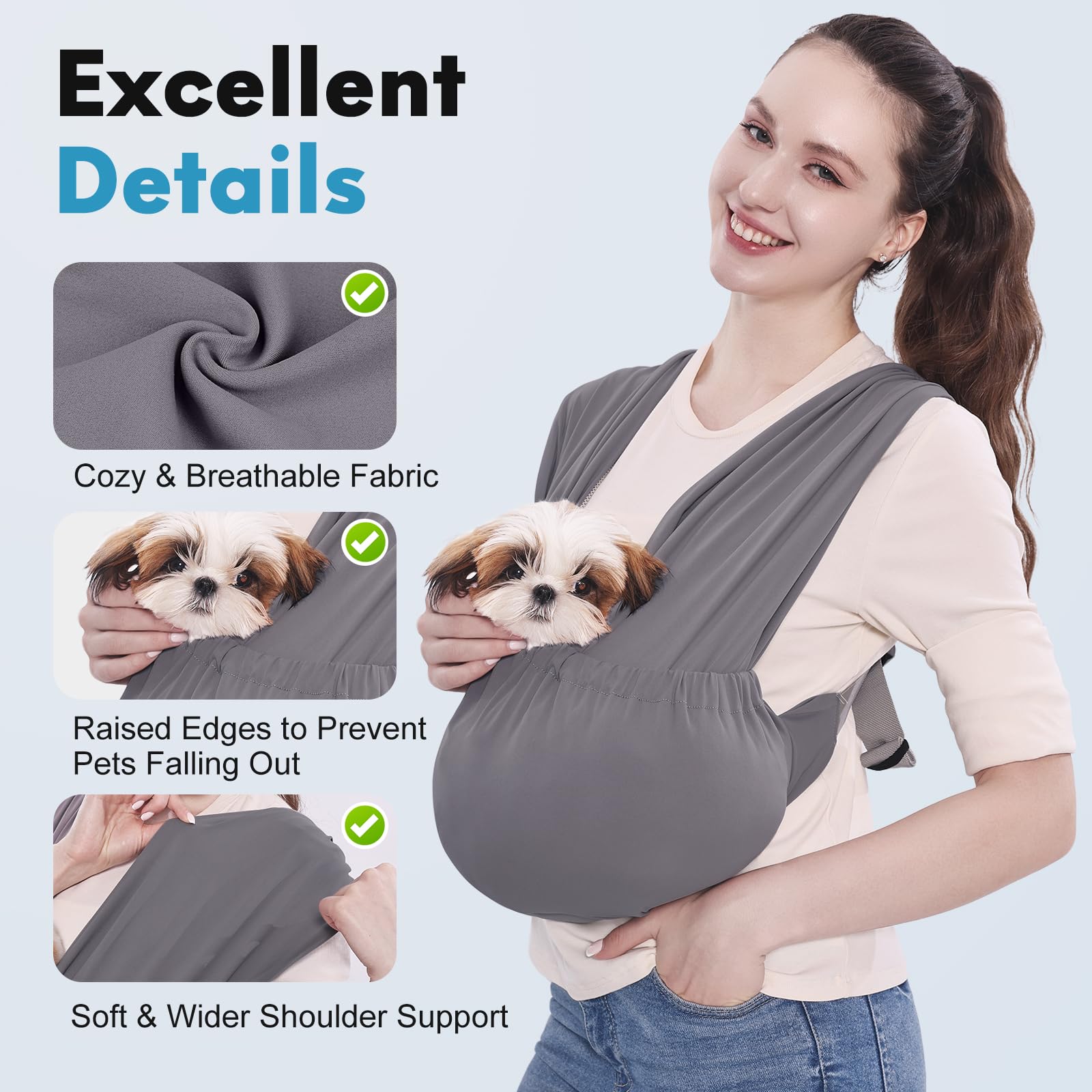 Supet dog sling carrier anxiety-relief use promotes calm companionship during busy outings.
