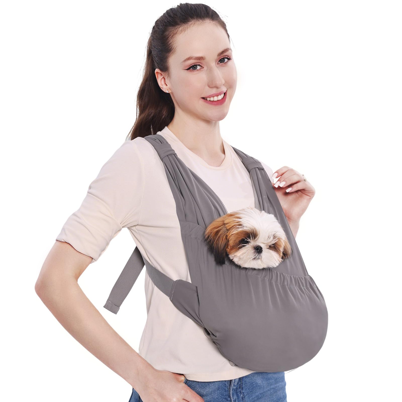 Supet dog sling carrier dual-strap setup for balanced weight and shoulder comfort.