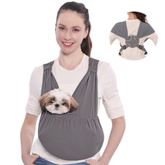 Supet dog sling carrier front view enables hands-free, comfortable small-pet transport.