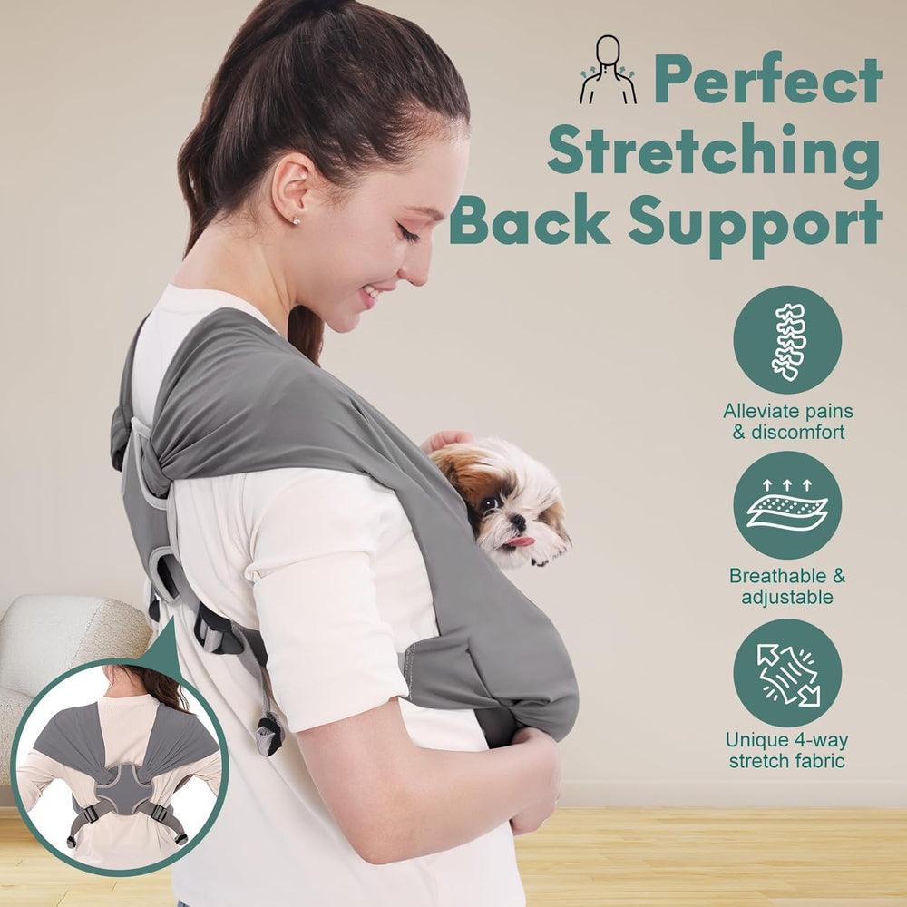 Supet dog sling carrier secure base support prevents sagging for a cradled pet.