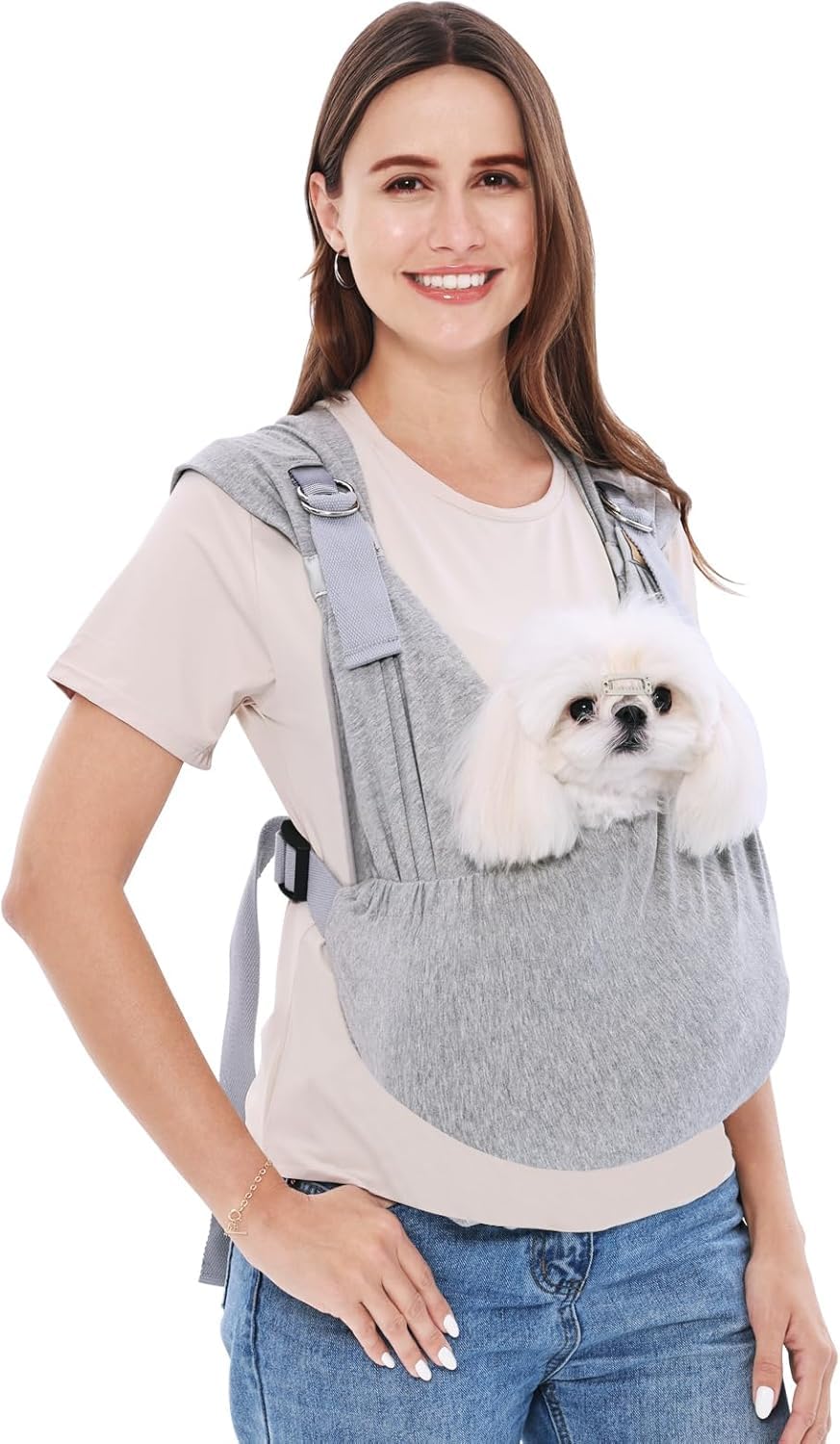 Supet dog carrier sling front-facing view for small dogs enables hands-free adventures.