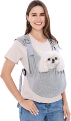 Supet dog carrier sling front-facing view for small dogs enables hands-free adventures.