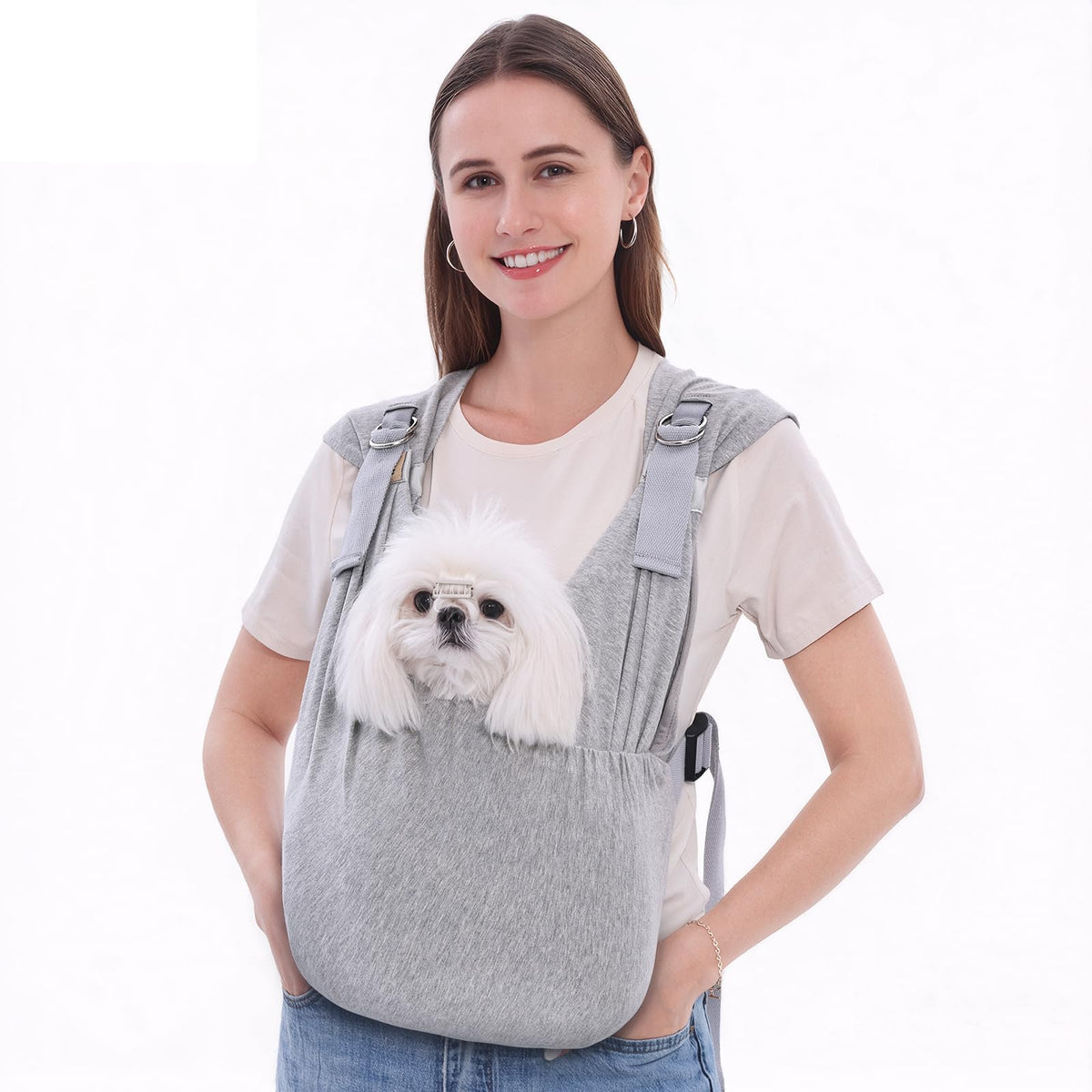 Supet dog sling grey XS overview shows compact design for small dogs during daily errands.