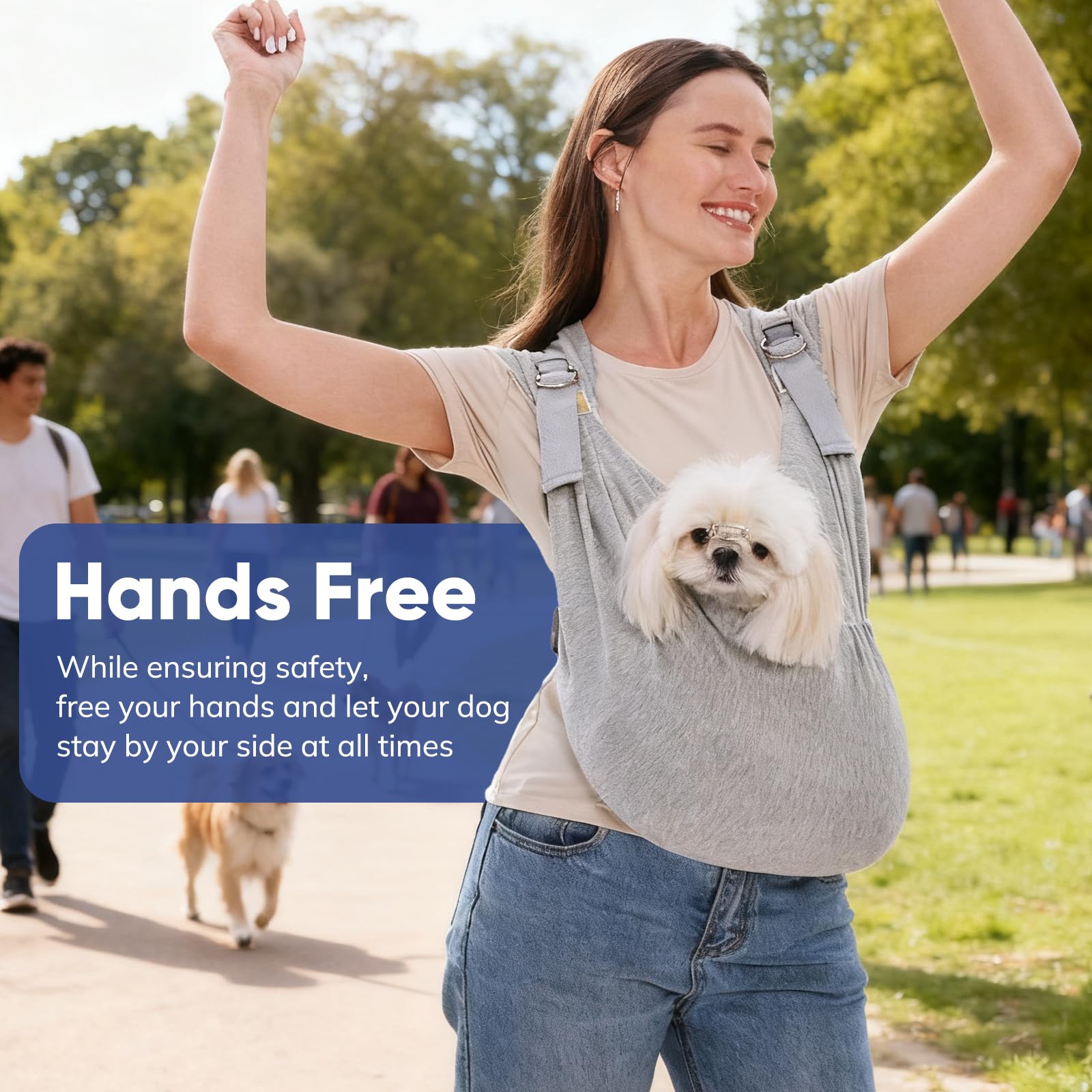 Supet sling highlights shoulder-comfort design keeping pet near and you comfortable.