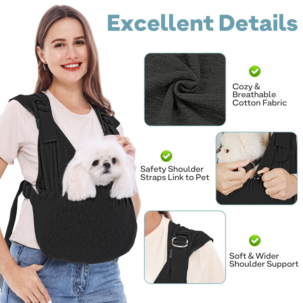 Supet dog sling at vet visit showcases calm, close contact with owner