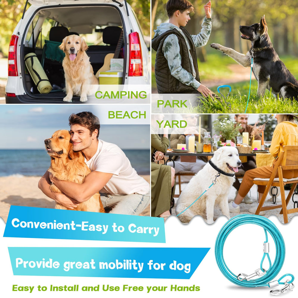 Supet dog tie out 32ft lead shown in action for flexible space freedom