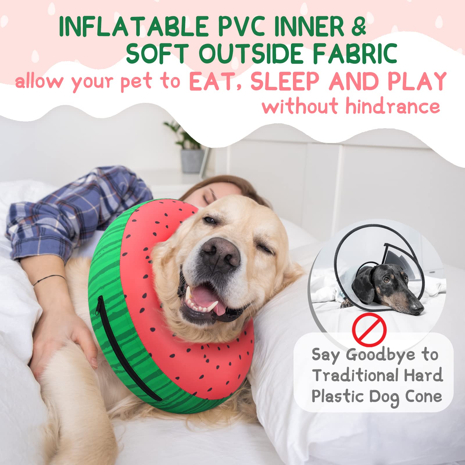 Supet inflatable dog cone collar with non-stick fabric for hair-free cleaning.