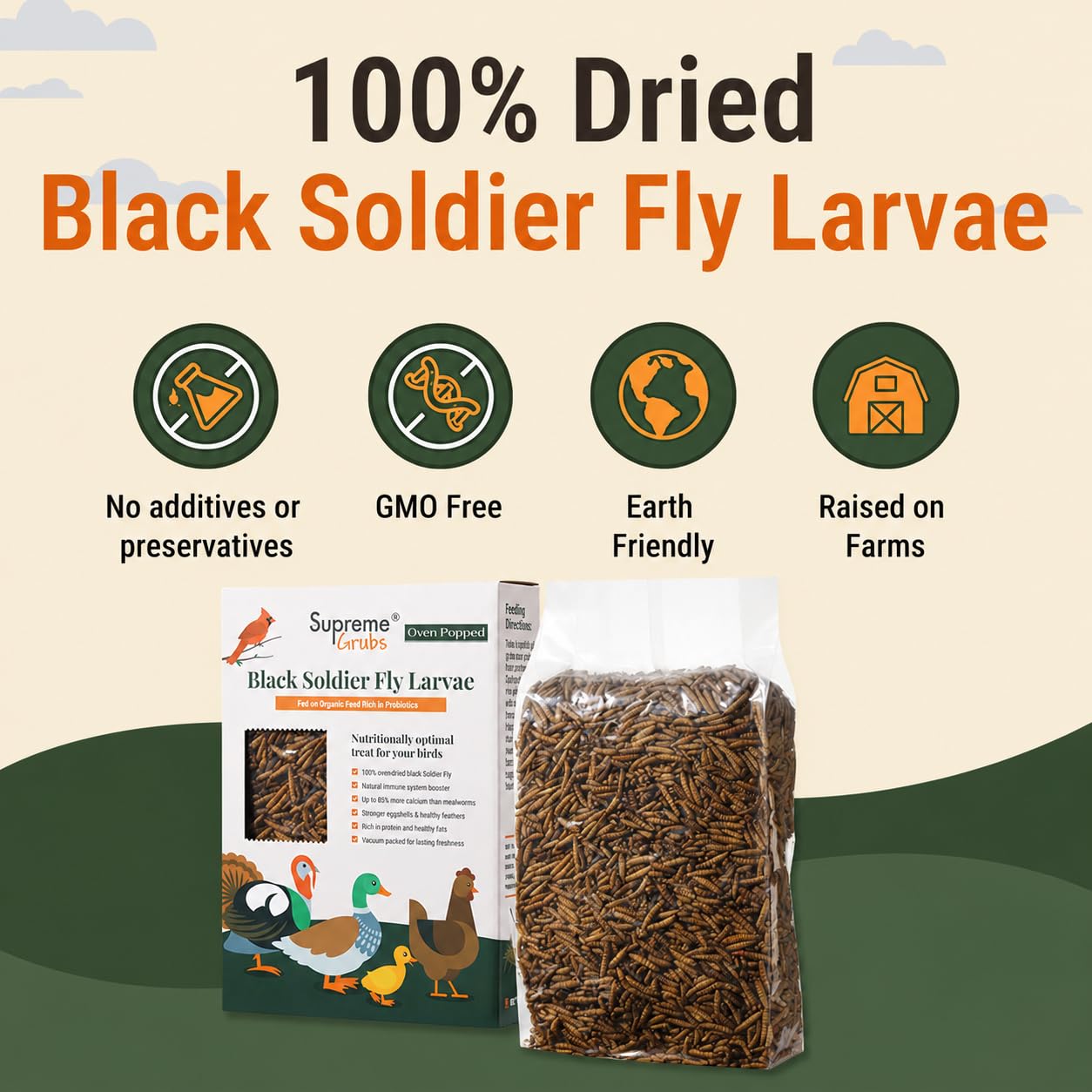 Supreme Grubs protein-rich chicken treat product image; supports healthy poultry nutrition