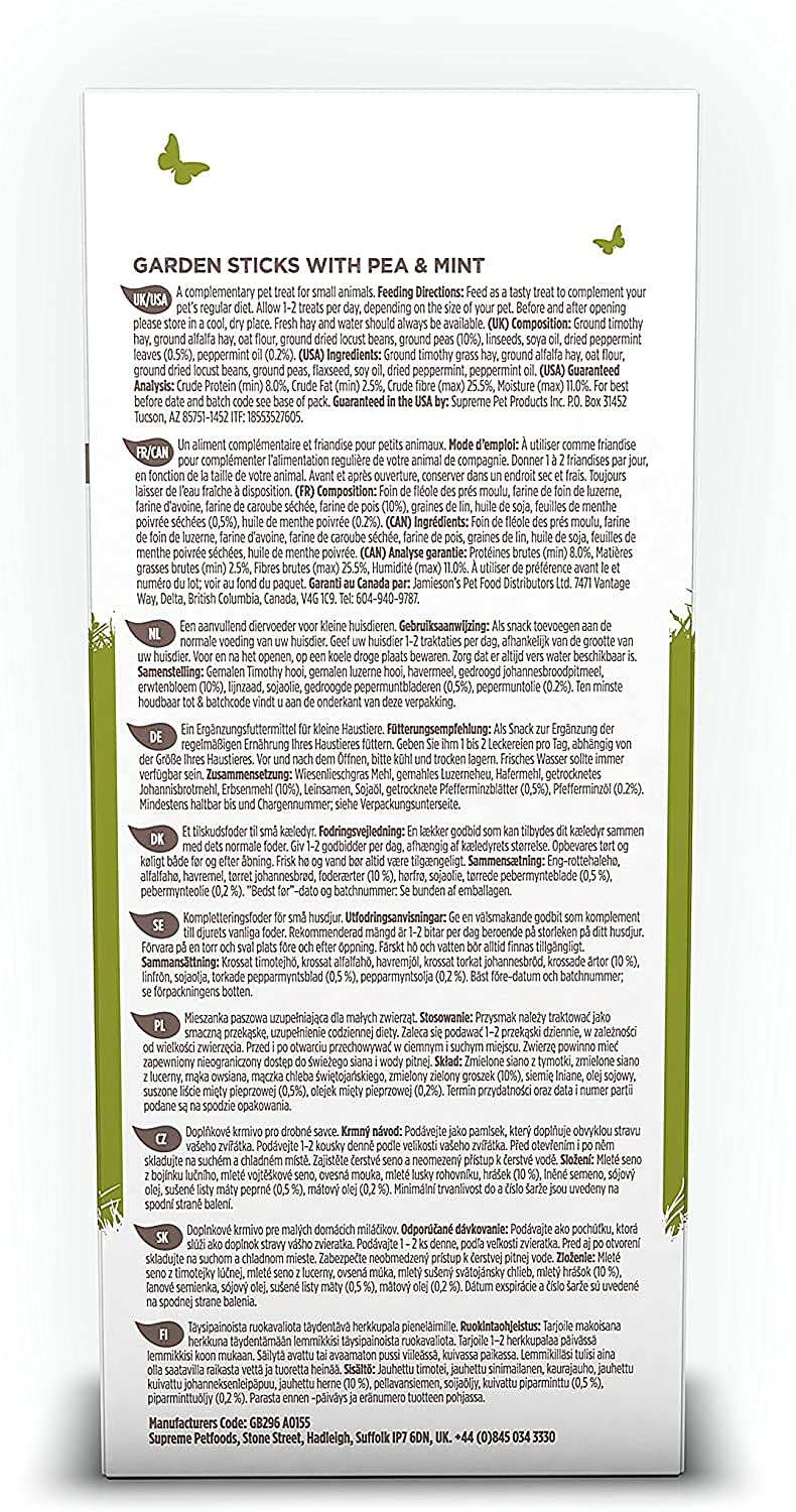 Close-up of pea and mint ingredients in Supreme Petfoods Garden Sticks for small pets