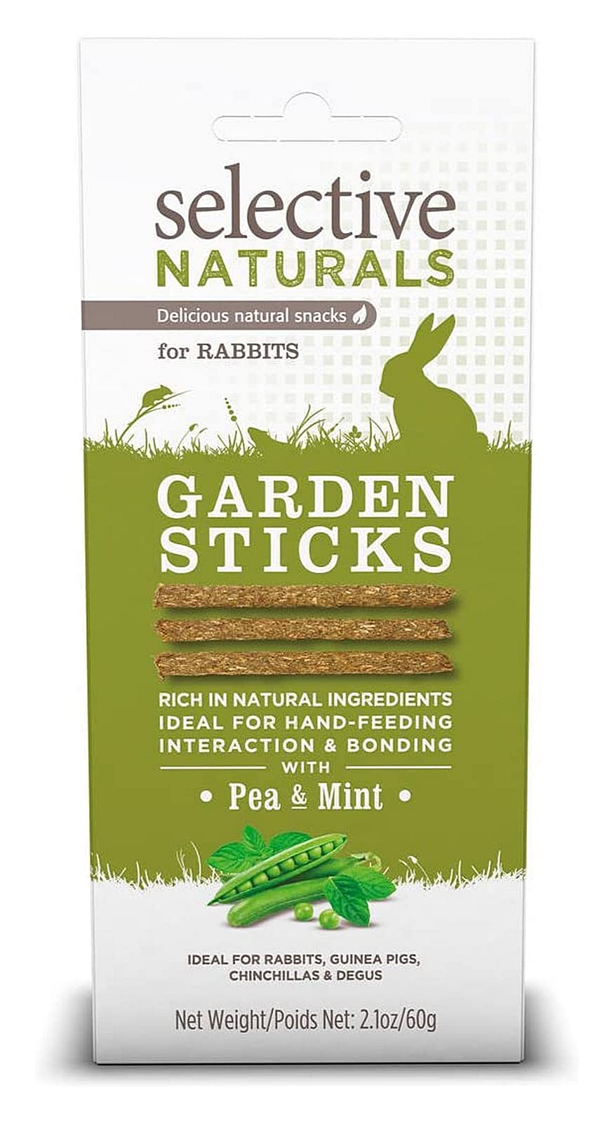 Supreme Petfoods Selective Naturals Garden Sticks packaging shows pea and mint ingredients for rabbits