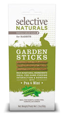 Supreme Petfoods Selective Naturals Garden Sticks packaging shows pea and mint ingredients for rabbits