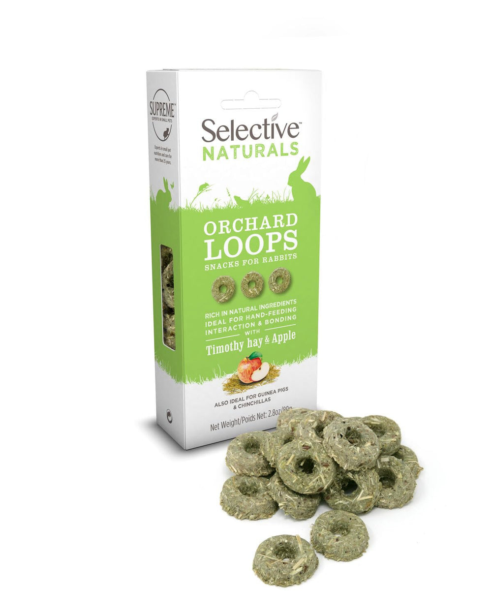 Supreme Petfoods Selective Naturals Orchard Loops hero image showing apple and Timothy Hay for healthy treats.