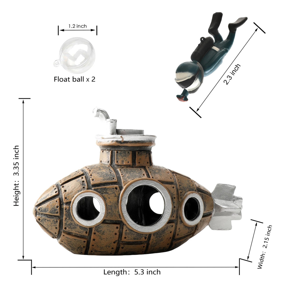 SUPTEC Resinous submarine ornament adds a charming coastal vibe to aquariums.