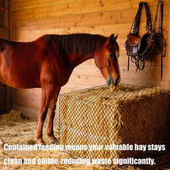 Surecha Square Bales Hay Net in stall enables contained feeding for cleaner hay