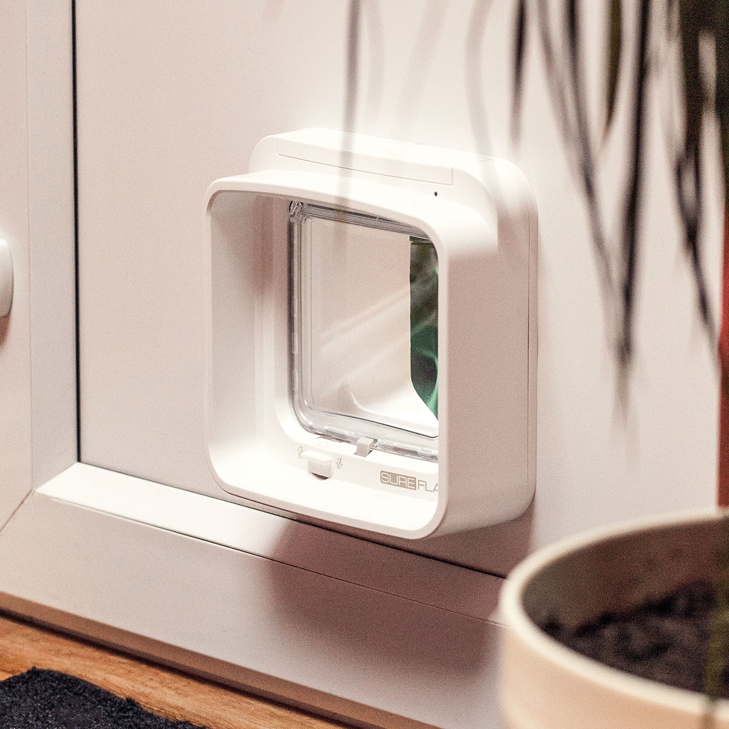 SureFlap DualScan cat door opening size 4 3/4 by 5 5/8 inches.
