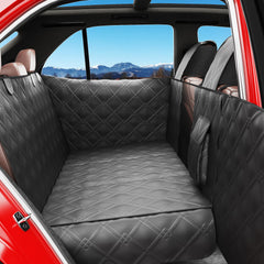 Surfcabin dog back seat extender installed delivers extra space and pet safety.