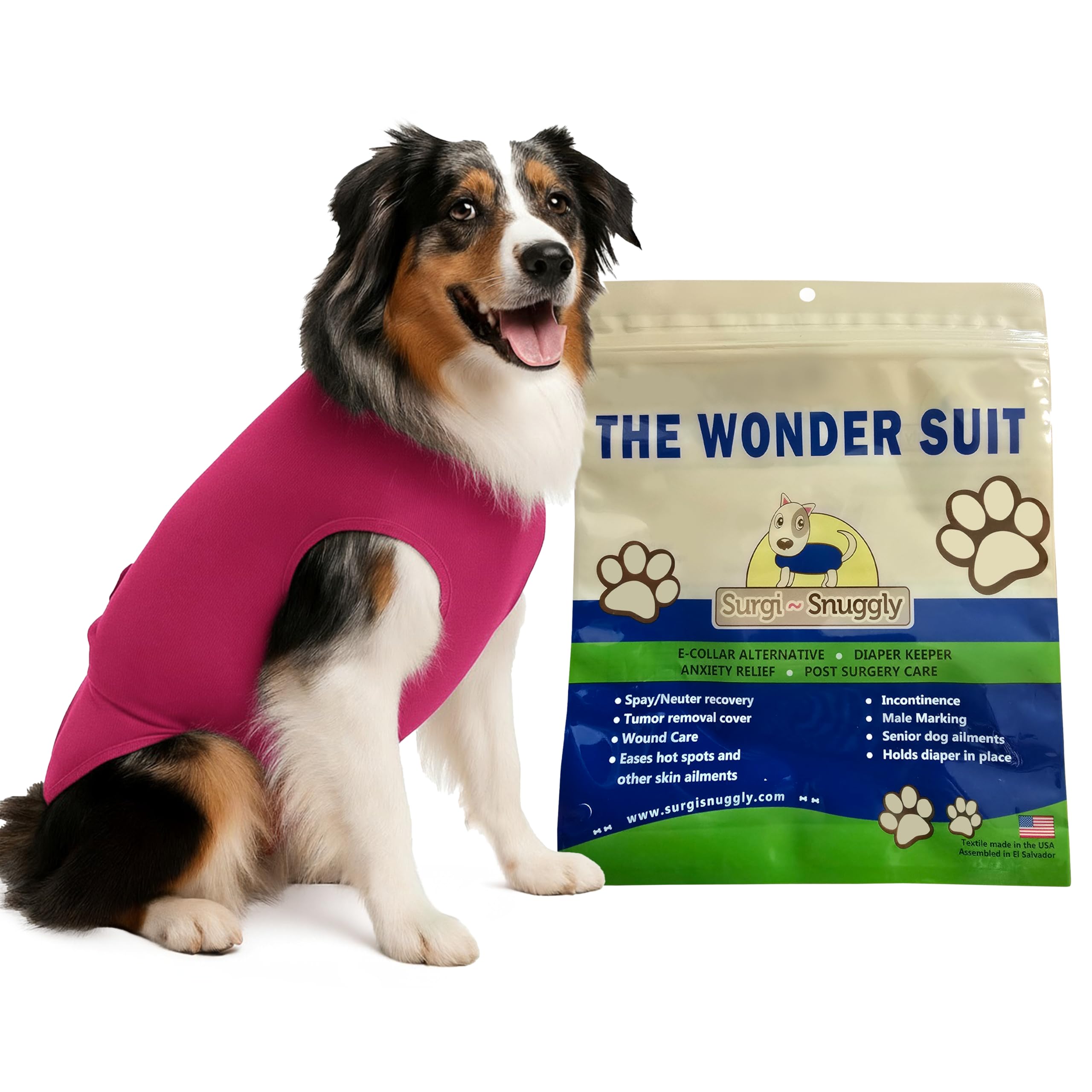 Surgisnuggly front view dog recovery suit offers comfortable post-surgery wear