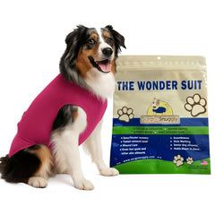 Surgisnuggly front view dog recovery suit offers comfortable post-surgery wear