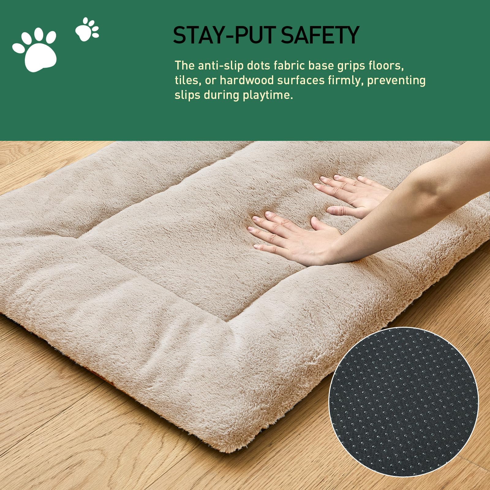SUVAMJAM Washable Dog Crate Bed Mat cream placed in crate or car to show all-season use.