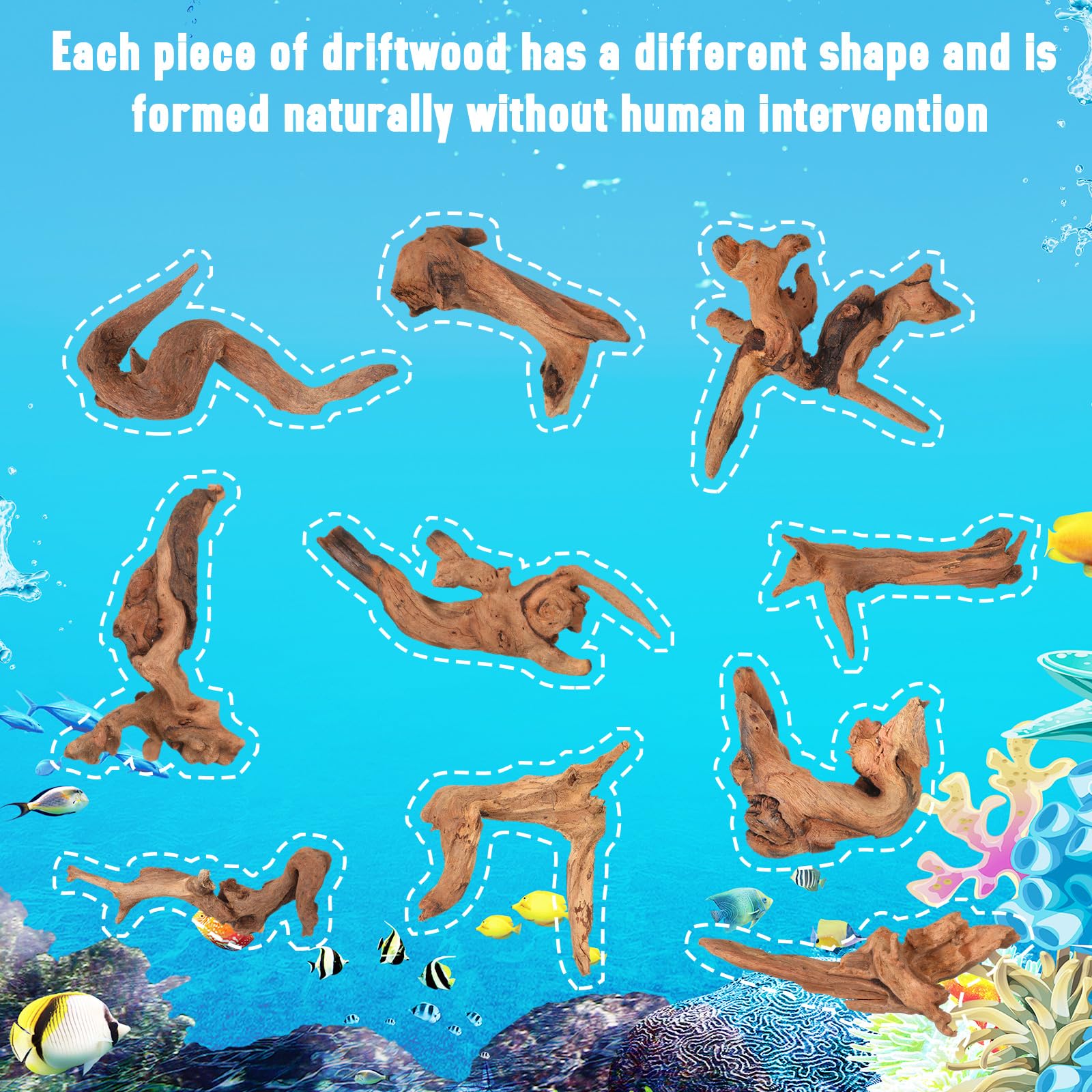 Suzile driftwood natural durable material for underwater and dry displays.