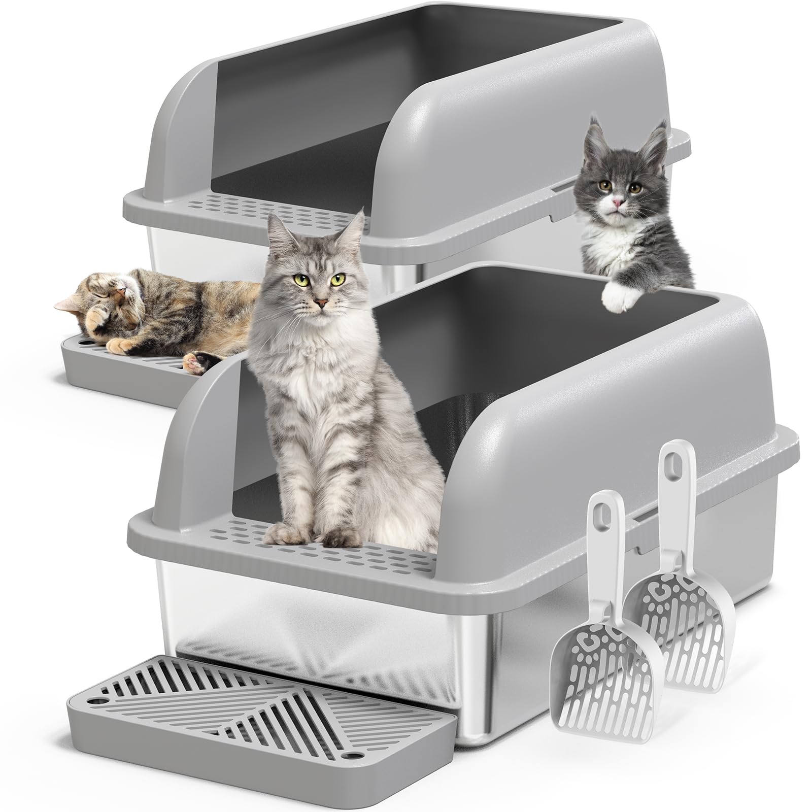 Suzzipaws 2Pack XL stainless steel litter box with lid on supports roomy multi-cat use.