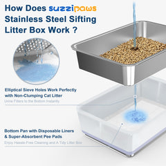 SuzziPaws dual-layer sifting system highlights odor control and quick waste separation