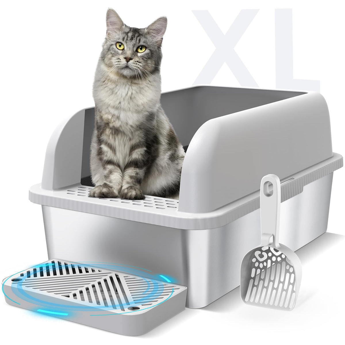Suzzipaws enclosed stainless steel litter box with lid for odor containment and privacy.