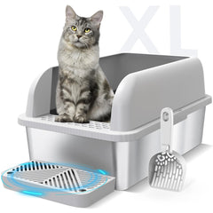 Suzzipaws enclosed stainless steel litter box with lid for odor containment and privacy.