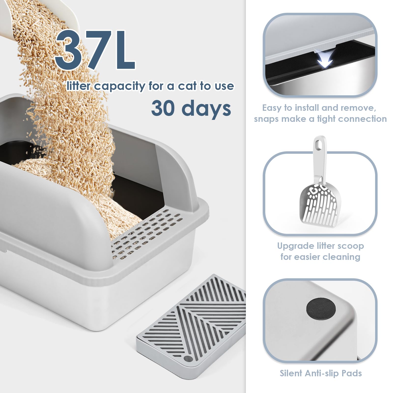 Suzzipaws high-walled metal litter pan enclosure reinforces privacy and spill control