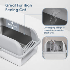 Suzzipaws hooded litter box footboard reduces litter tracking.